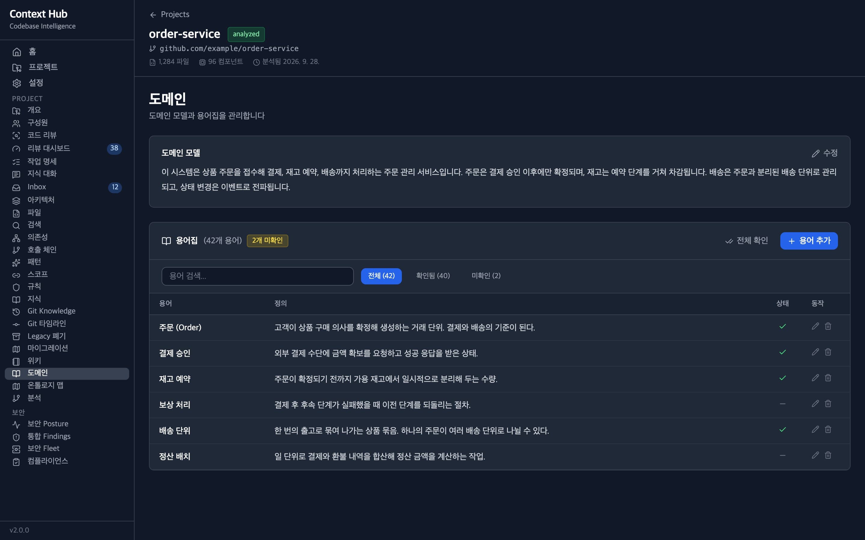 도메인 모델 설명과 용어집 화면
