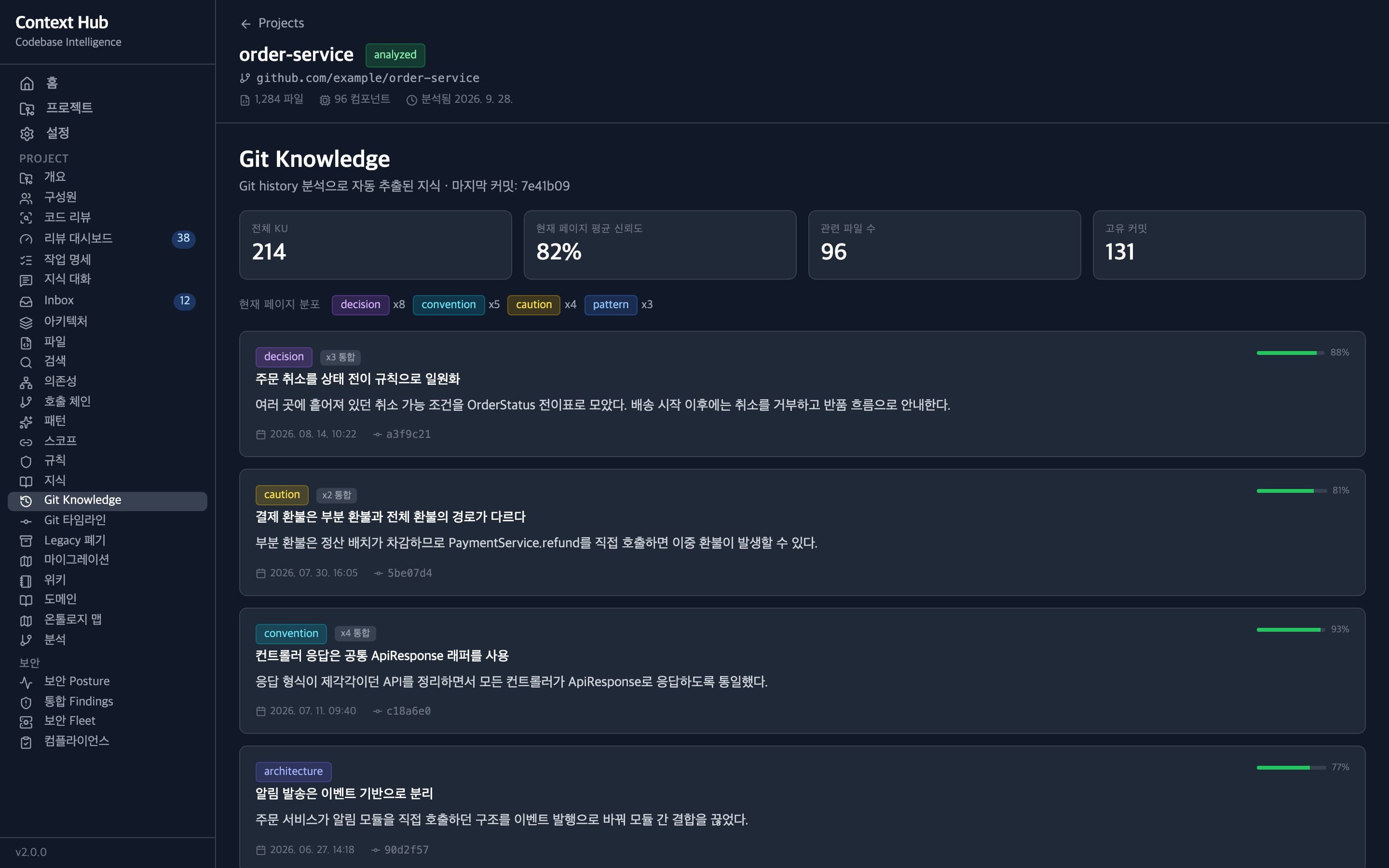 커밋 이력에서 추출한 의사결정 지식과 통계 화면