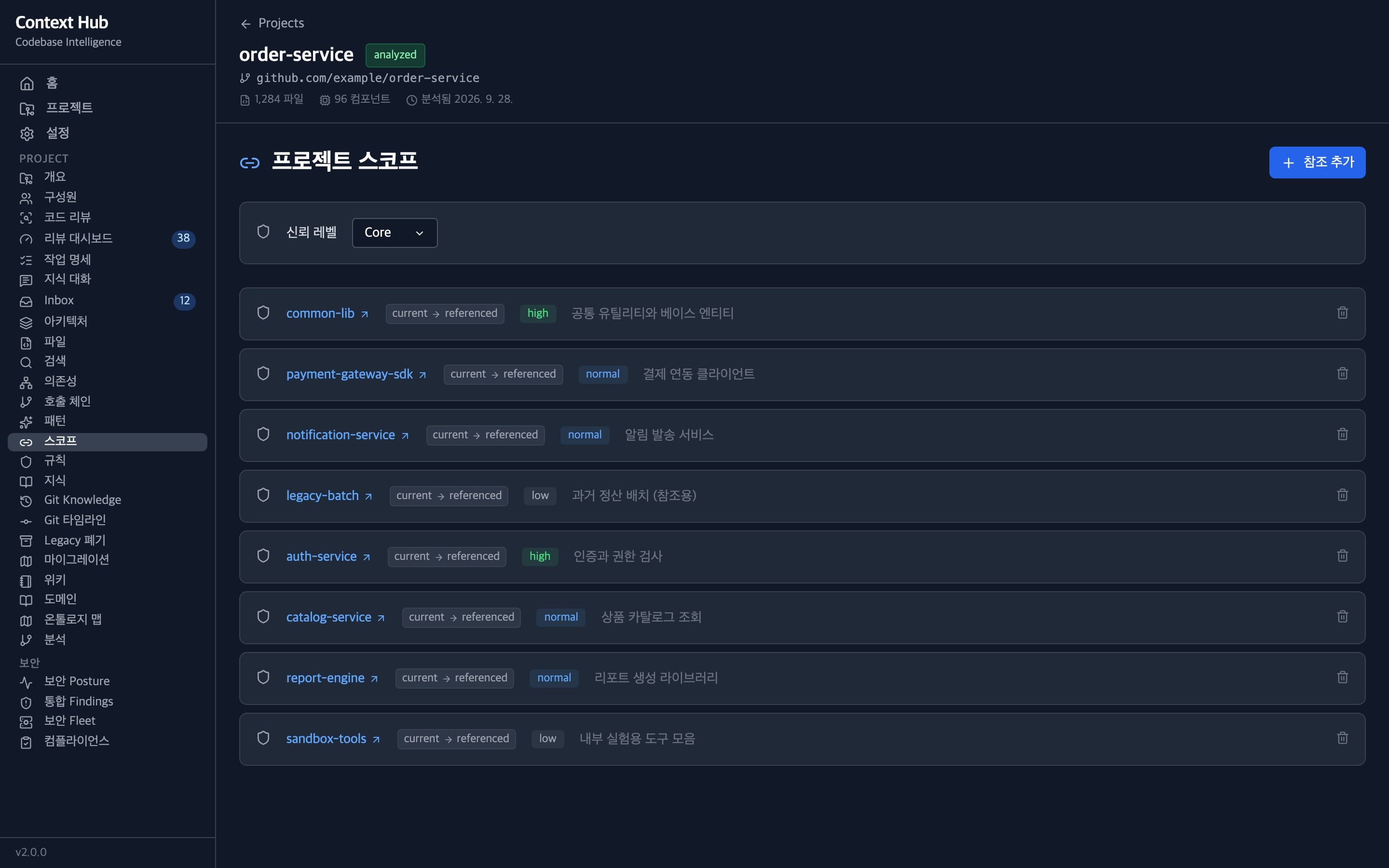 참조 프로젝트와 신뢰 수준을 정하는 프로젝트 스코프 화면