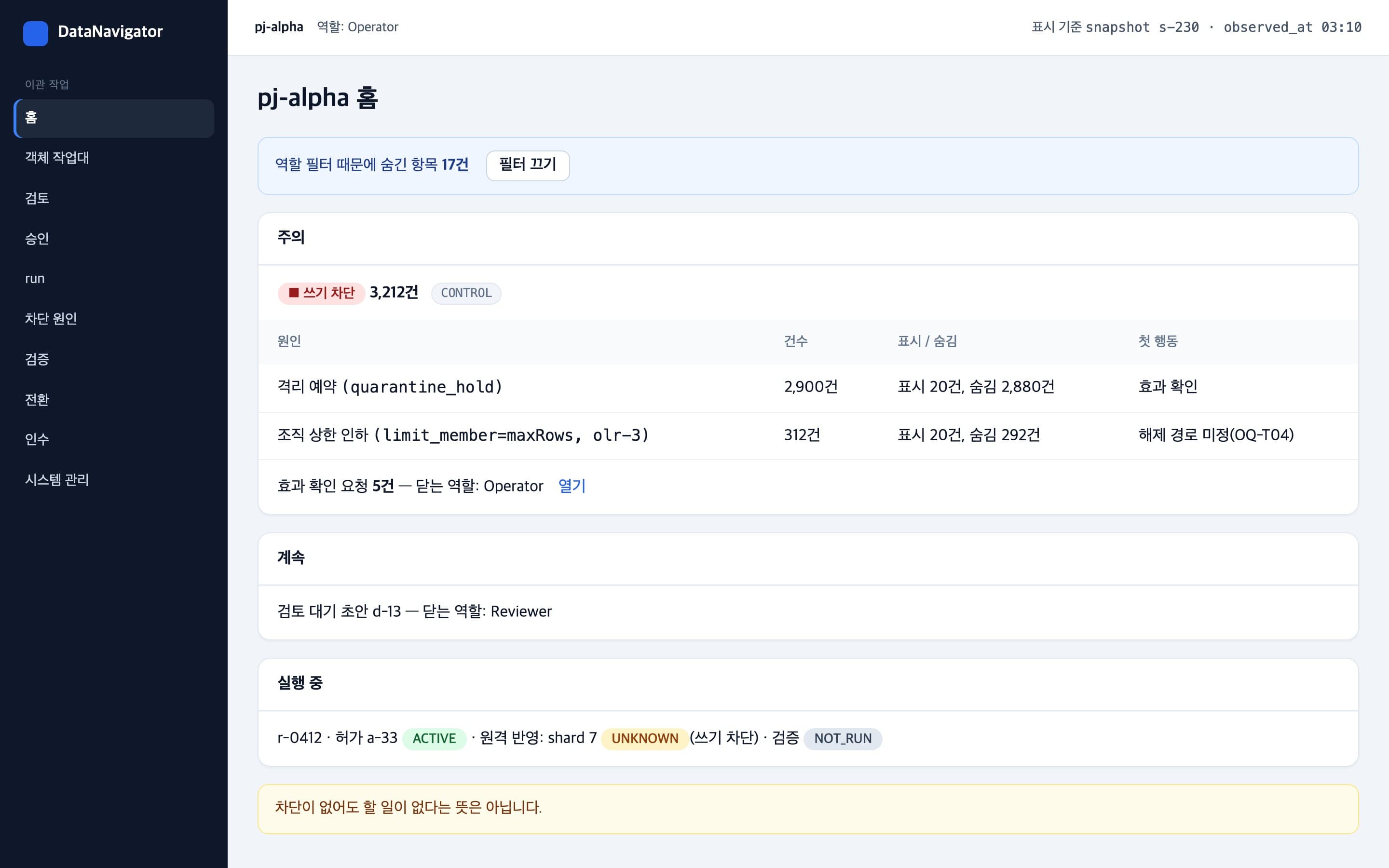 차단, 요청, 실행 중인 작업을 역할별로 모아 보여 주는 프로젝트 홈 화면