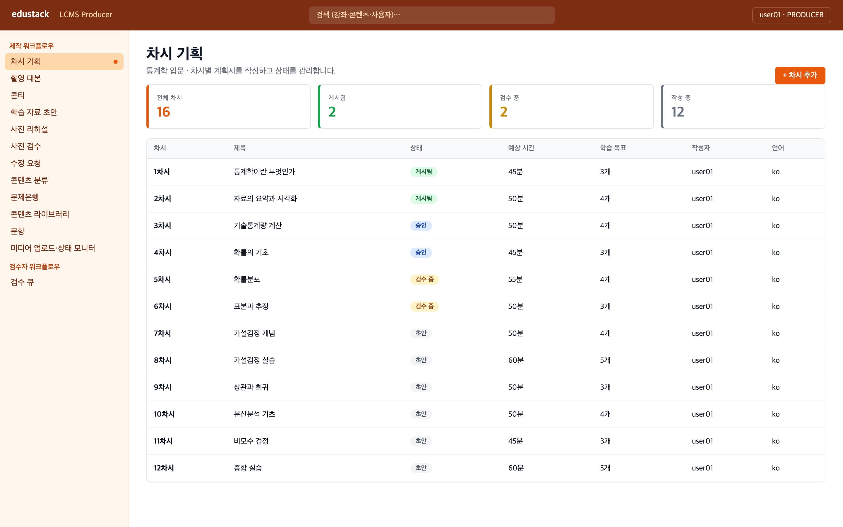 차시 기획 - 차시별 계획서와 검수 상태
