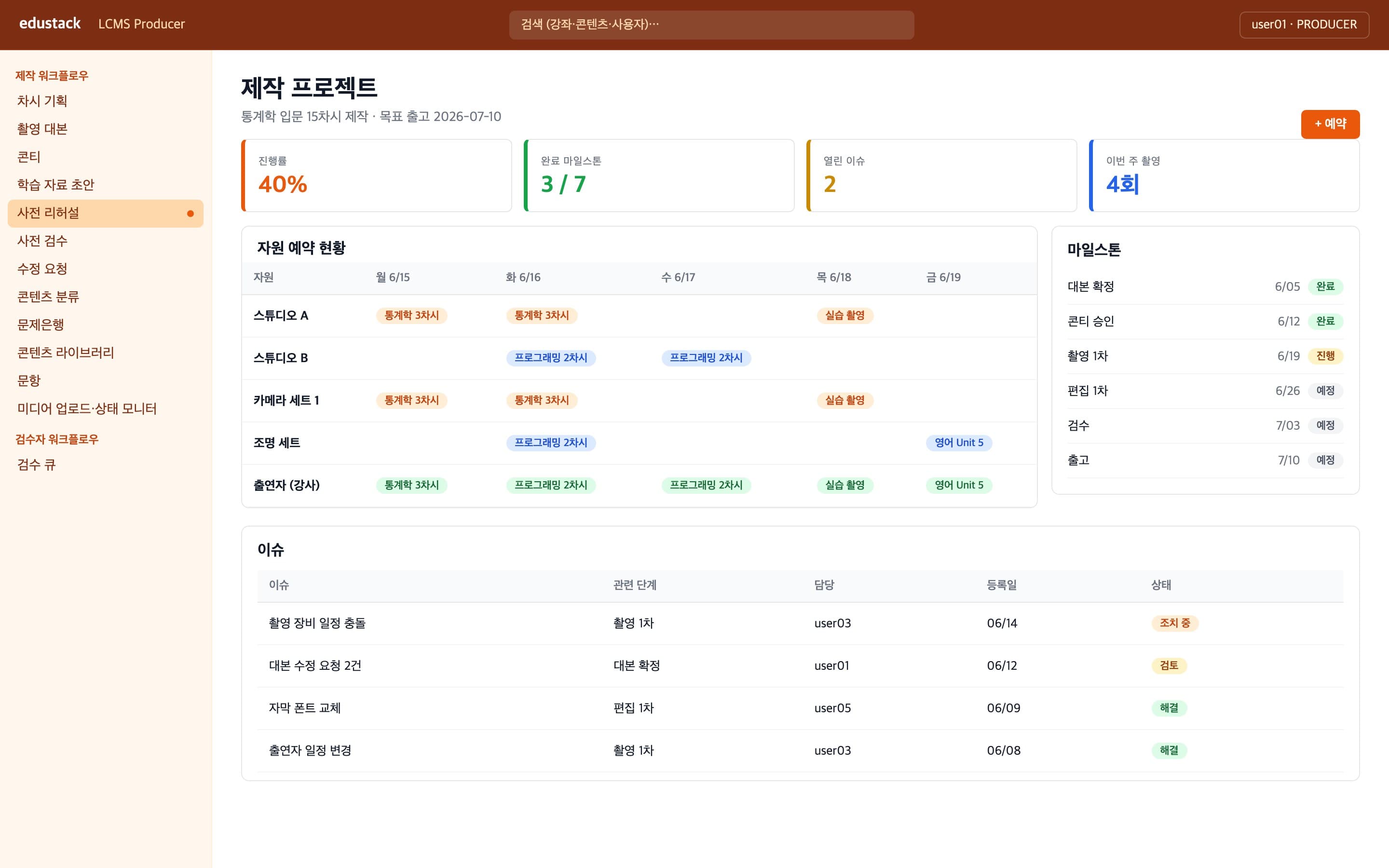 제작 프로젝트 - 자원 예약과 마일스톤