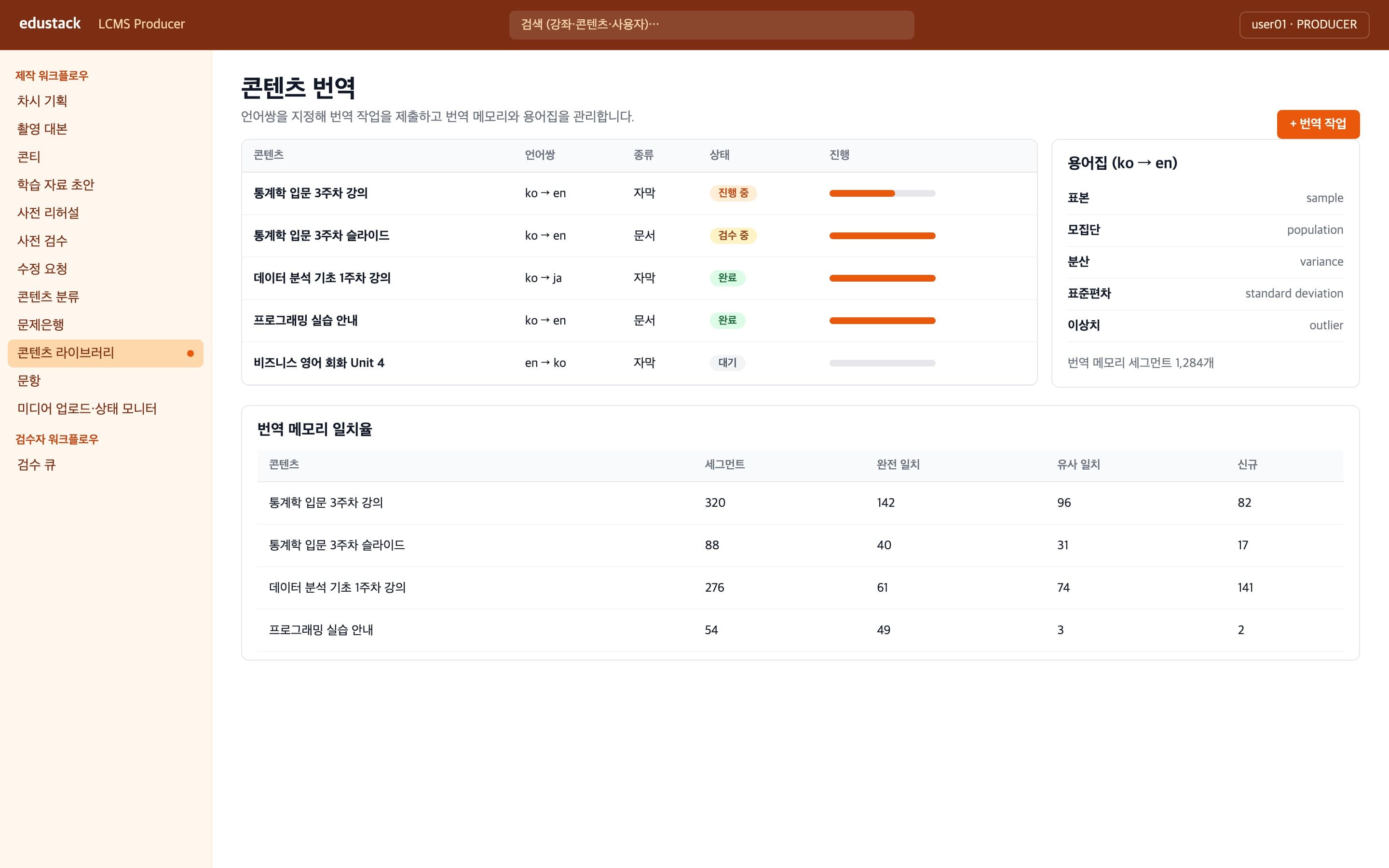 콘텐츠 번역 - 언어쌍별 번역 작업과 용어집
