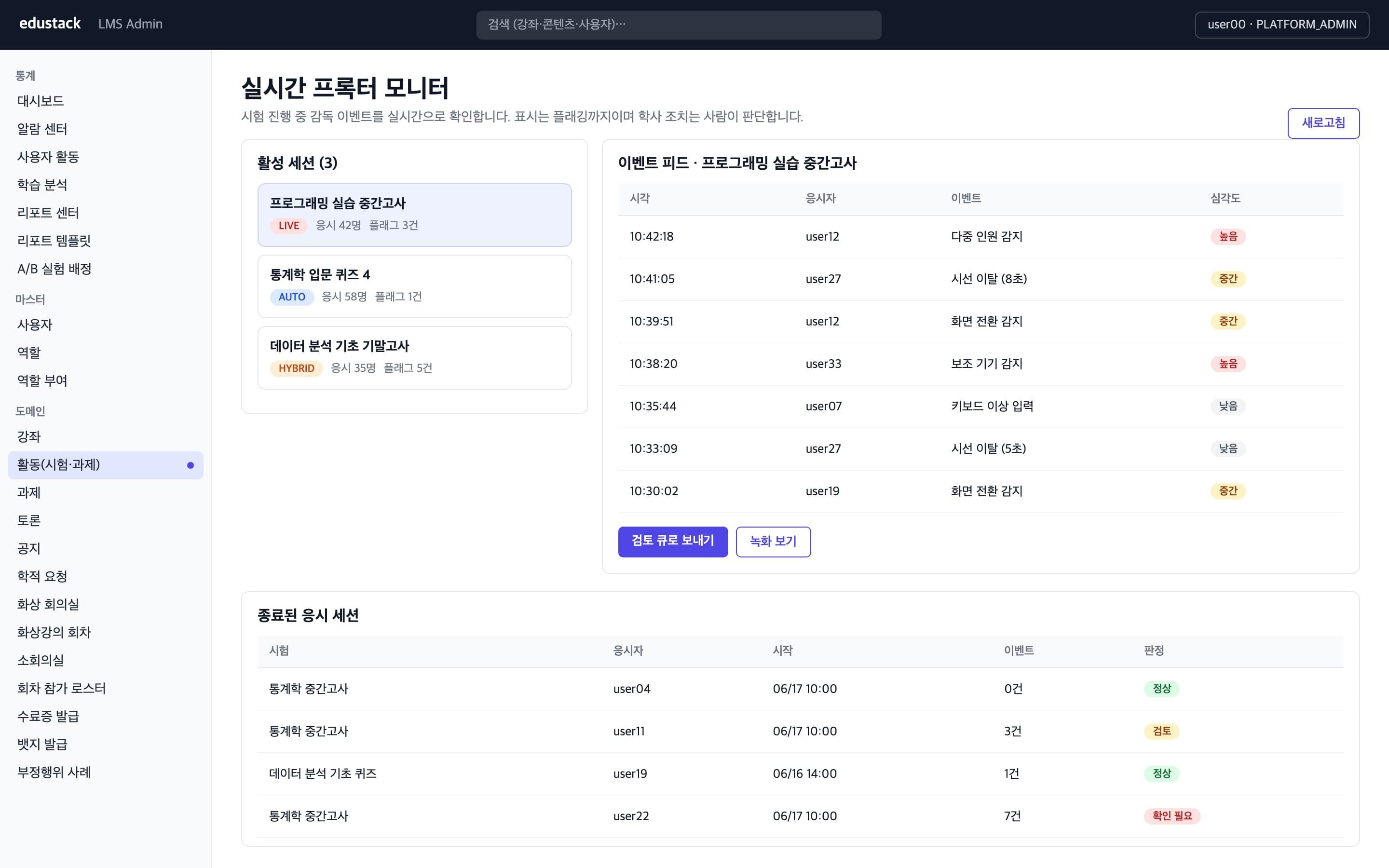 실시간 프록터 모니터 - 활성 세션과 감독 이벤트