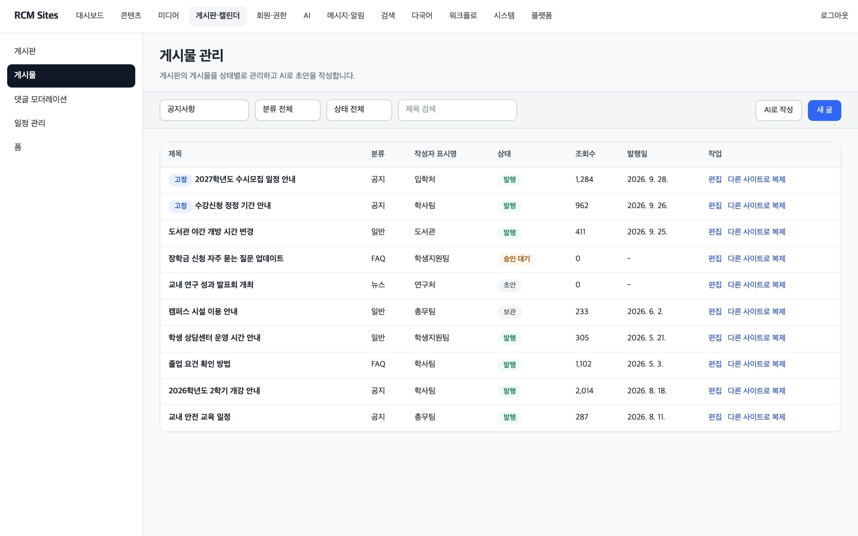 공지·FAQ 게시물을 상태별로 관리하는 게시물 관리 화면