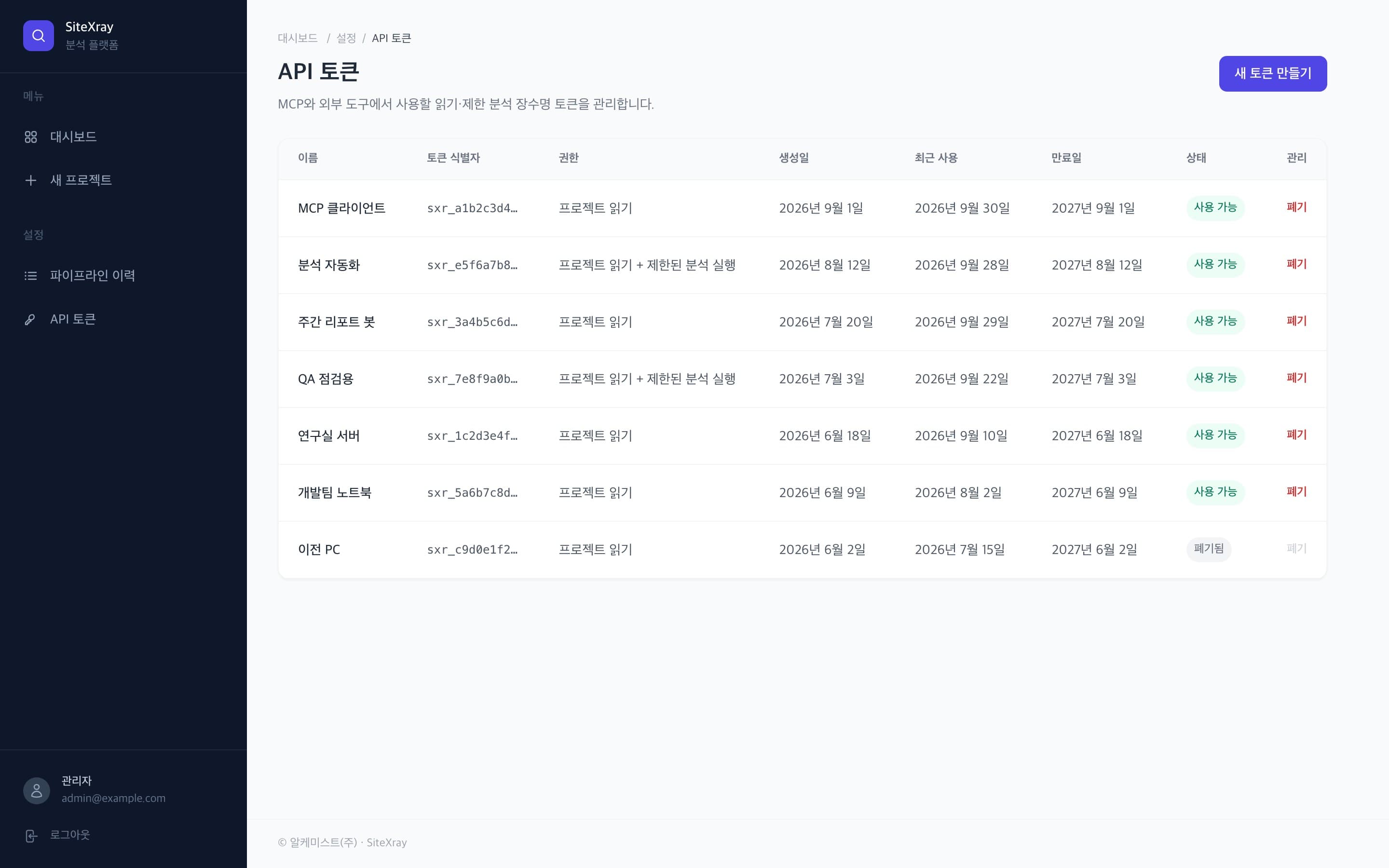 AI 도구 연동용 API 토큰 발급과 폐기를 관리하는 화면