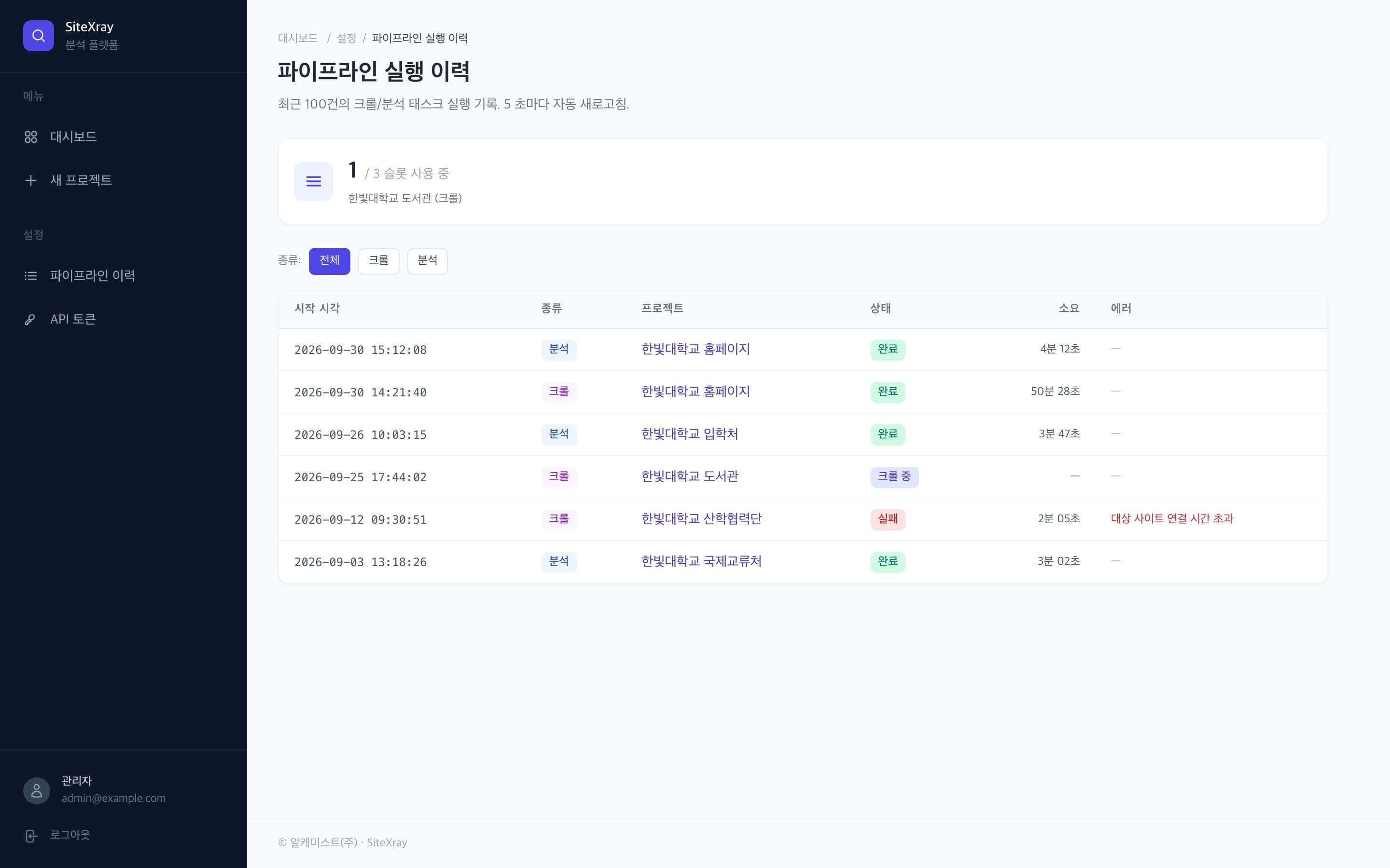 크롤·분석 실행의 시각, 소요 시간, 상태를 보여 주는 실행 이력 화면