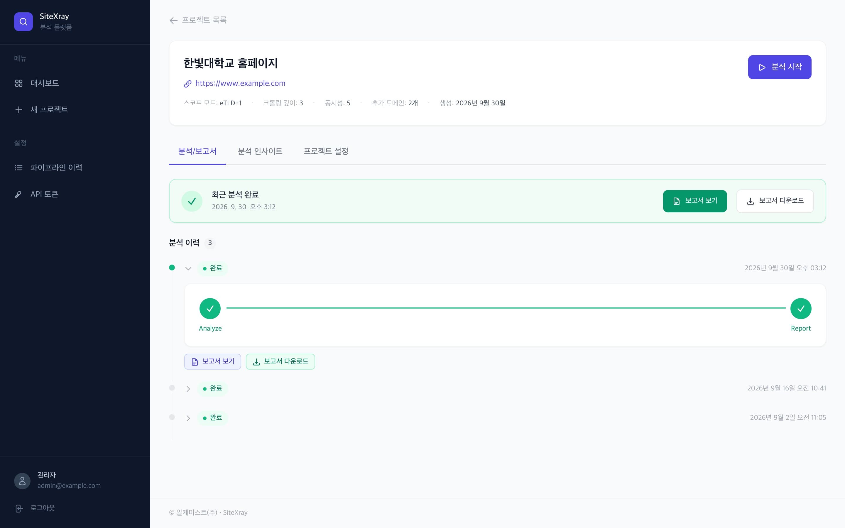 분석 이력과 보고서 보기·다운로드 버튼이 있는 프로젝트 화면