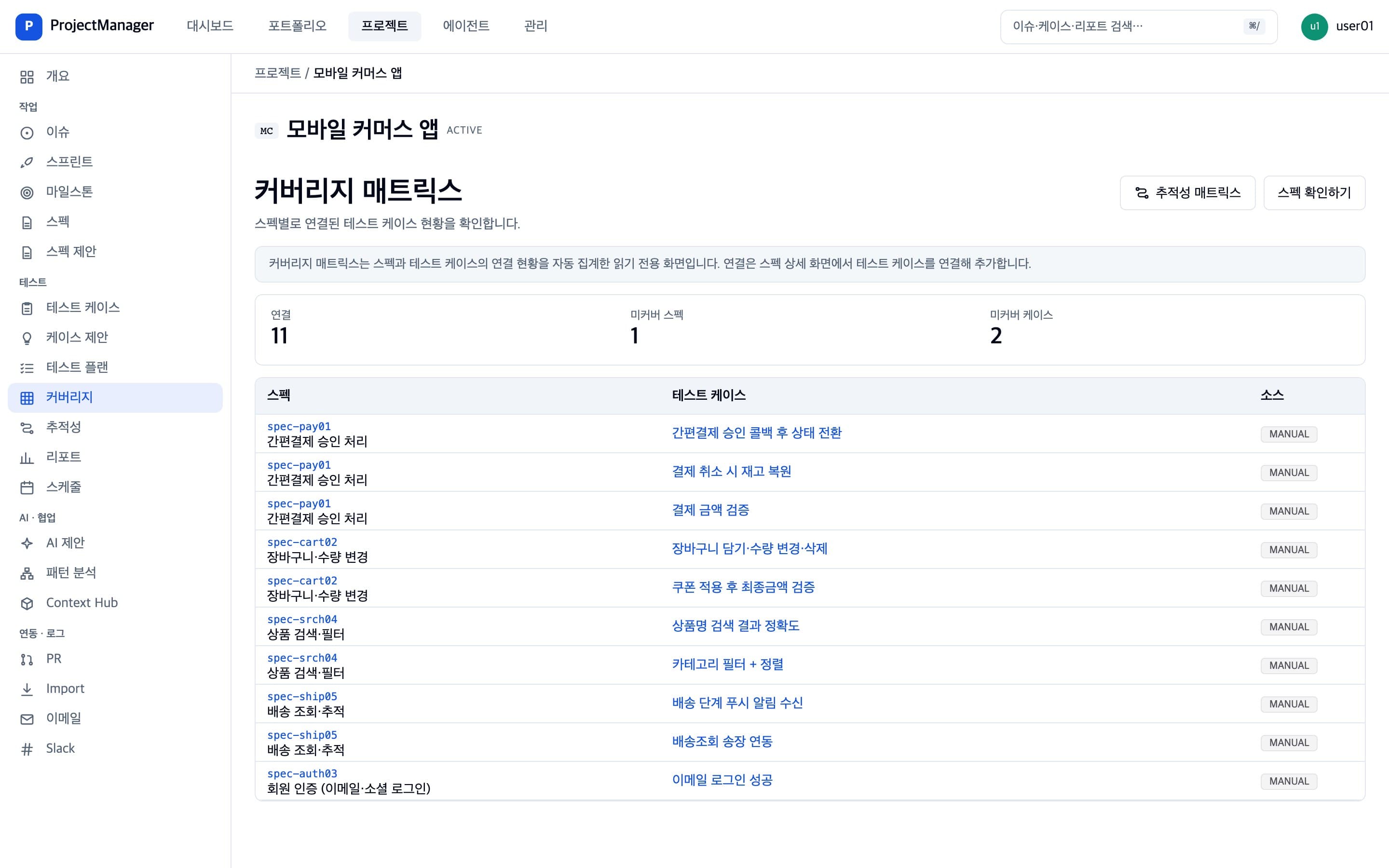 스펙별로 연결된 테스트 케이스를 보여 주는 커버리지 매트릭스 화면
